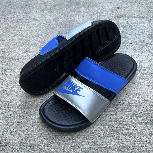 WMNS NIKE BENASSI DUO ULTRA SLIDES BLACKS ROYALS BLUES SILVERS FLIP FLOPS