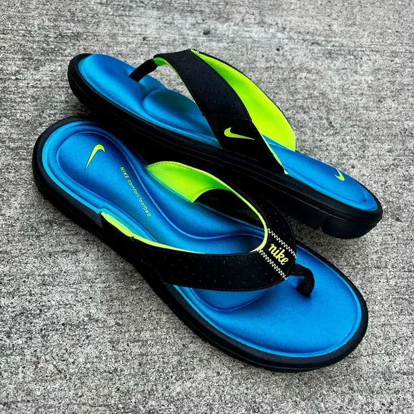 WMNS NIKE COMFORT THONG BLACK HIGHLIGHTER BLUES NEON FOOTBEDS FOOT BED FOOTBED