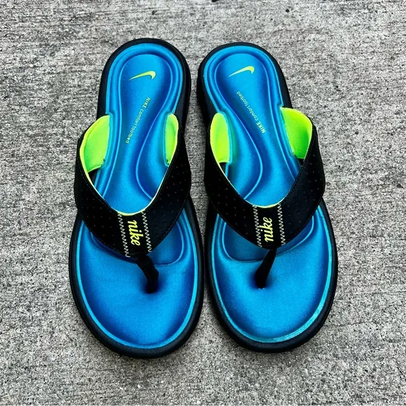 WMNS NIKE COMFORT THONG BLACK HIGHLIGHTER BLUES NEON FOOTBEDS FOOT BED FOOTBED