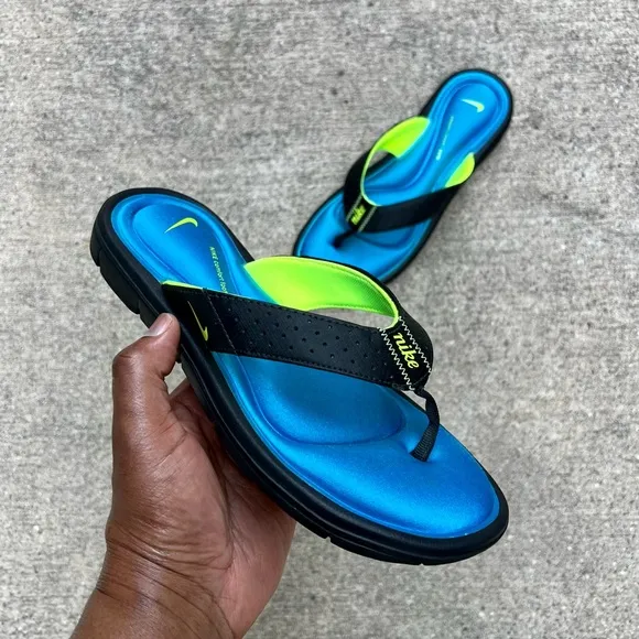 WMNS NIKE COMFORT THONG BLACK HIGHLIGHTER BLUES NEON FOOTBEDS FOOT BED FOOTBED