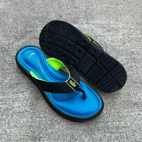 WMNS NIKE COMFORT THONG BLACK HIGHLIGHTER BLUES NEON FOOTBEDS FOOT BED FOOTBED