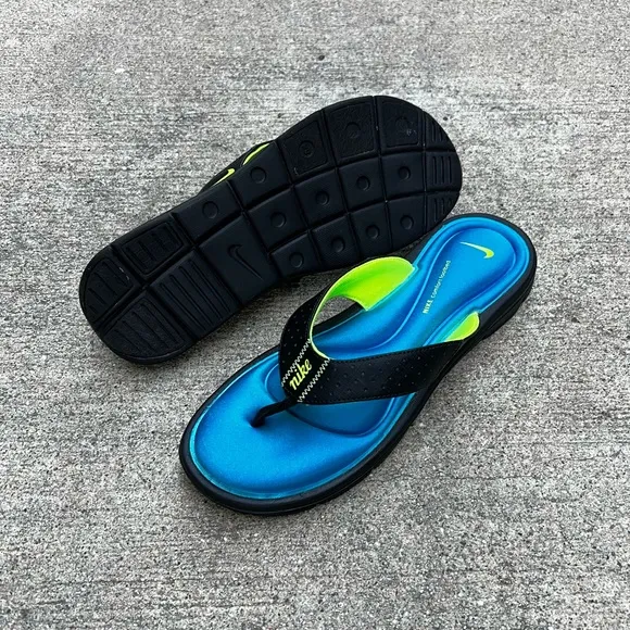 WMNS NIKE COMFORT THONG BLACK HIGHLIGHTER BLUES NEON FOOTBEDS FOOT BED FOOTBED