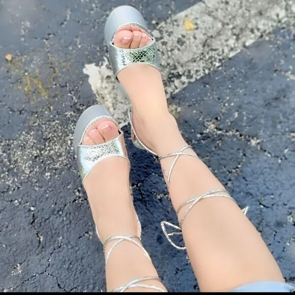 Women Ankle Strap High Chunky Heel Platform Sandals Silver Color