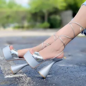 Women Ankle Strap High Chunky Heel Platform Sandals Silver Color