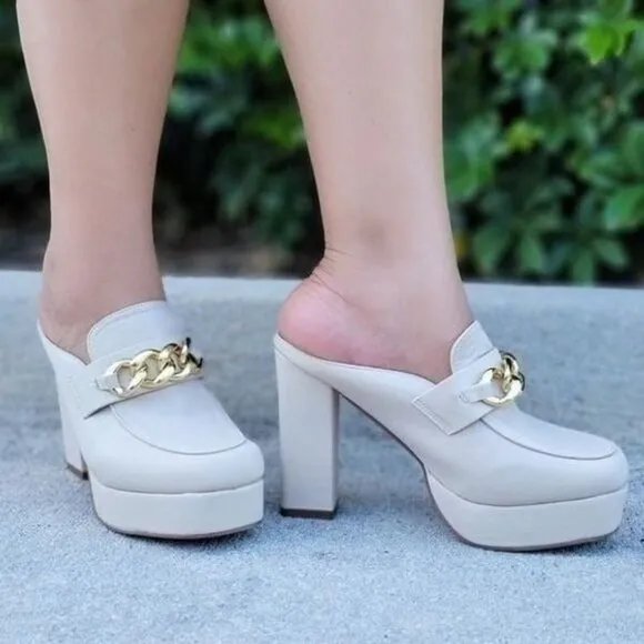 Women Platform Heeled Mule‎ Open Loafers Nude Color