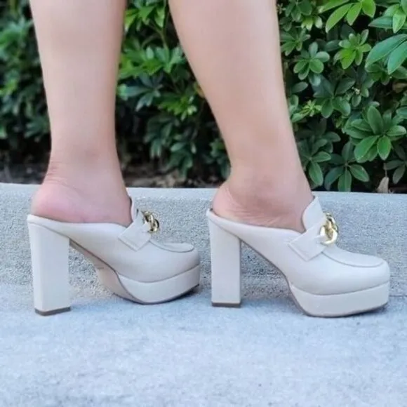 Women Platform Heeled Mule‎ Open Loafers Nude Color