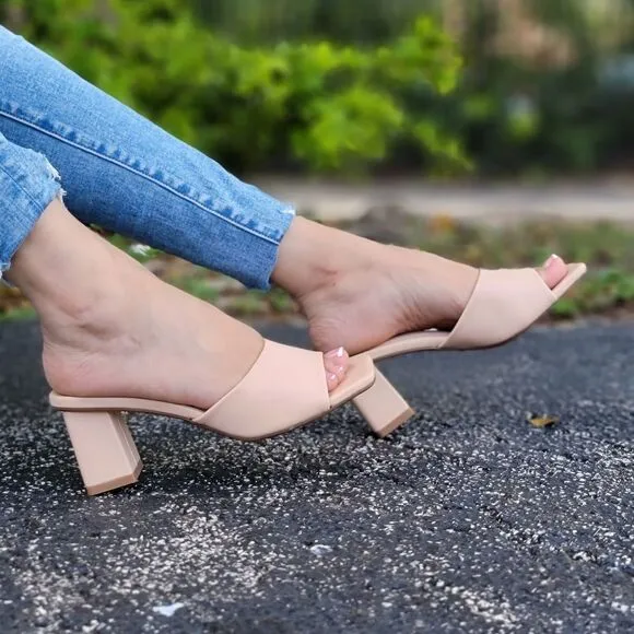 Women Square Toe Sandals Slip On Nude Color