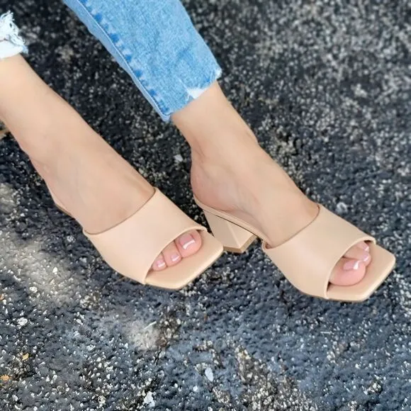 Women Square Toe Sandals Slip On Nude Color