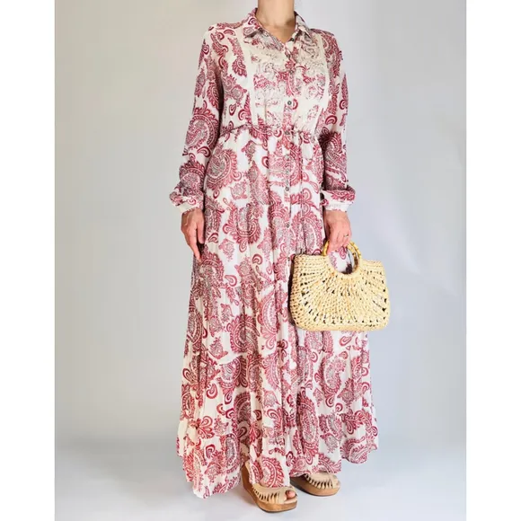 Women's ANTROPOLOGY Allaire Maxi Shirtdress Flowy Dress, Brown Red &amp; White