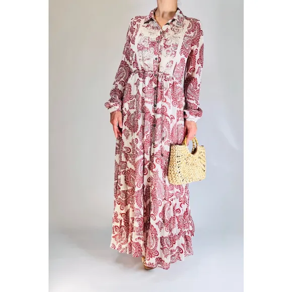 Women's ANTROPOLOGY Allaire Maxi Shirtdress Flowy Dress, Brown Red &amp; White