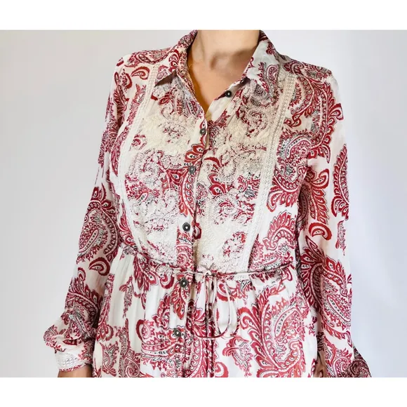 Women's ANTROPOLOGY Allaire Maxi Shirtdress Flowy Dress, Brown Red &amp; White