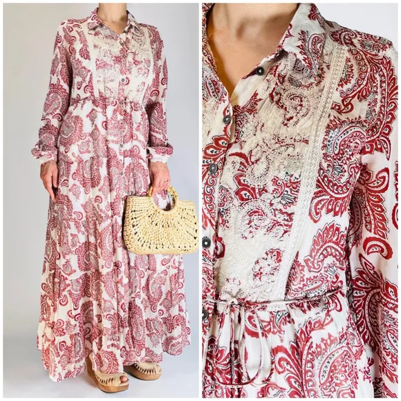 Women's ANTROPOLOGY Allaire Maxi Shirtdress Flowy Dress, Brown Red &amp; White