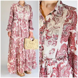 Women's ANTROPOLOGY Allaire Maxi Shirtdress Flowy Dress, Brown Red &amp; White