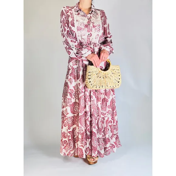 Women's ANTROPOLOGY Allaire Maxi Shirtdress Flowy Dress, Brown Red &amp; White