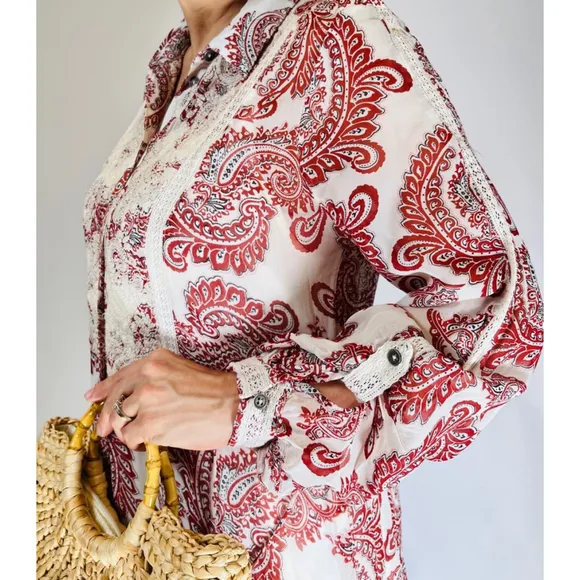 Women's ANTROPOLOGY Allaire Maxi Shirtdress Flowy Dress, Brown Red &amp; White
