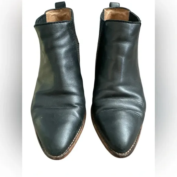 Women’s Black Leather Pointed Toe Stacked Heel Ankle Booties Madewell Size 7