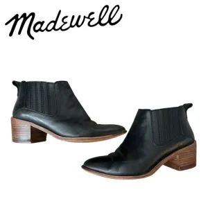 Women’s Black Leather Pointed Toe Stacked Heel Ankle Booties Madewell Size 7