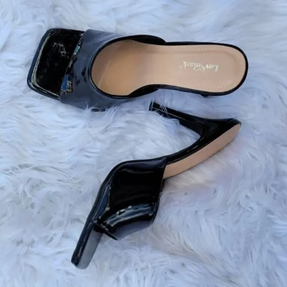 Women's Black Open Square Toe‎ High Mule Sandals