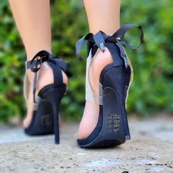 Women's Black Rhinestone Glitter Stilettos High Heel Sandals