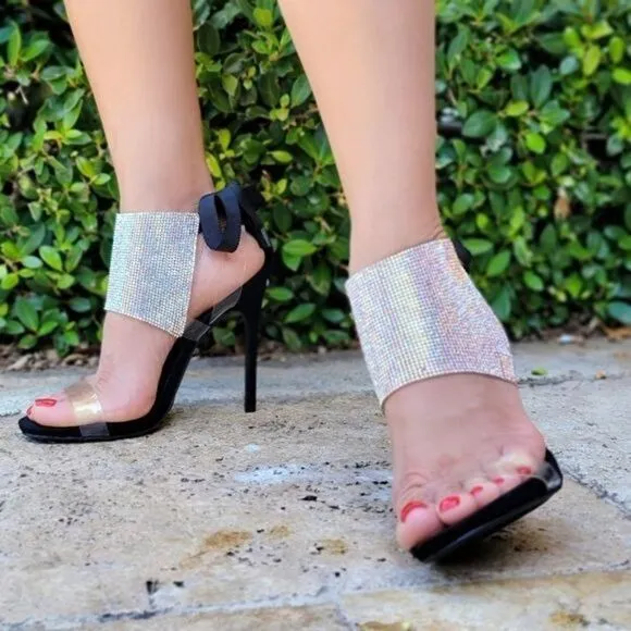 Women's Black Rhinestone Glitter Stilettos High Heel Sandals