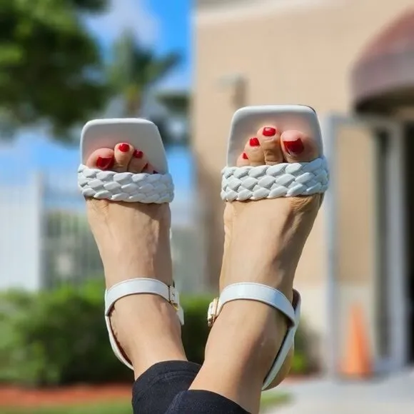 Women's Braided Single Band Ankle Strap Sandals White Color