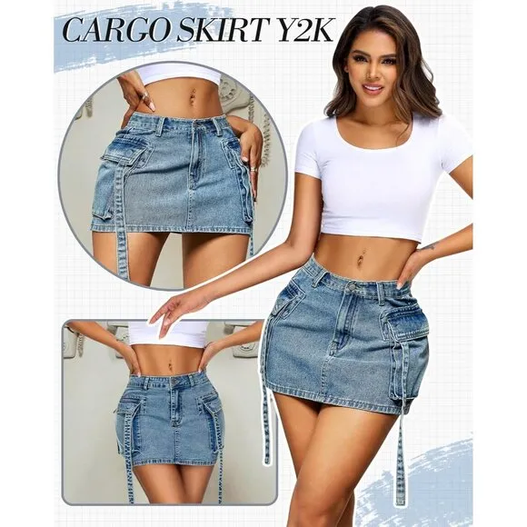 Women's Cargo Skirt Low Waist Button Denim Mini Skirt Summer Y2k Jean Skirt Blue