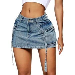 Women's Cargo Skirt Low Waist Button Denim Mini Skirt Summer Y2k Jean Skirt Blue