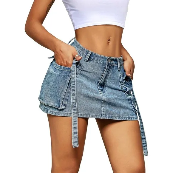 Women's Cargo Skirt Low Waist Button Denim Mini Skirt Summer Y2k Jean Skirt Blue