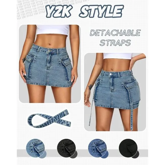 Women's Cargo Skirt Low Waist Button Denim Mini Skirt Summer Y2k Jean Skirt Blue