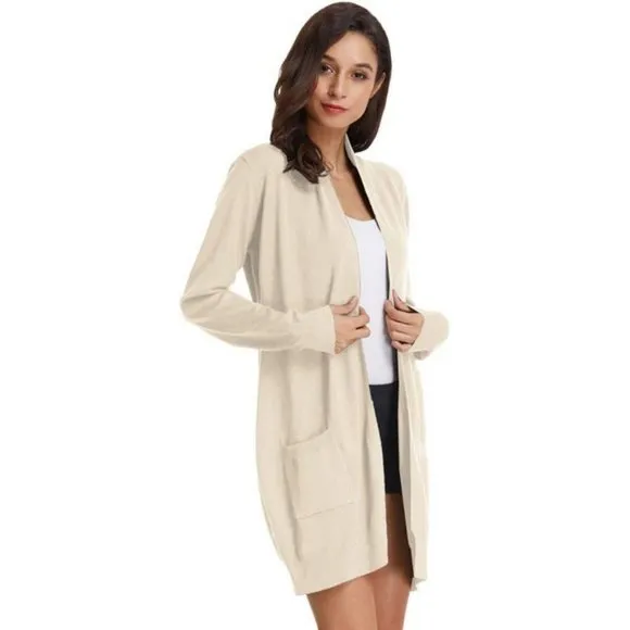 Women's Casual Open Front Cardigan Long Knitted Sweaters with Pockets, Beige