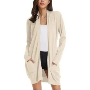 Women's Casual Open Front Cardigan Long Knitted Sweaters with Pockets, Beige