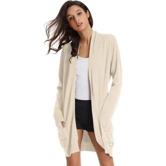 Women's Casual Open Front Cardigan Long Knitted Sweaters with Pockets, Beige