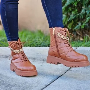 Womens Chunky Block Heel Ankle Combat Boots Brown Color