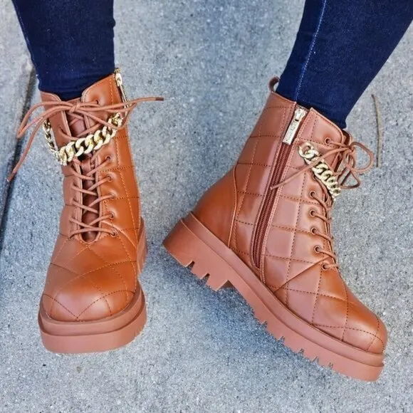 Womens Chunky Block Heel Ankle Combat Boots Brown Color