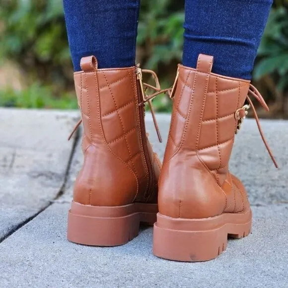 Womens Chunky Block Heel Ankle Combat Boots Brown Color