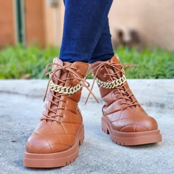 Womens Chunky Block Heel Ankle Combat Boots Brown Color