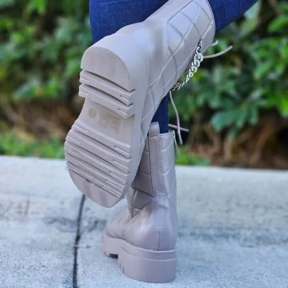 Womens‎ Chunky Block Heel Ankle Combat Boots Taupe Color
