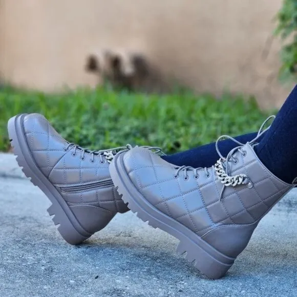 Womens Chunky Block Heel Ankle Combat Boots Taupe Color