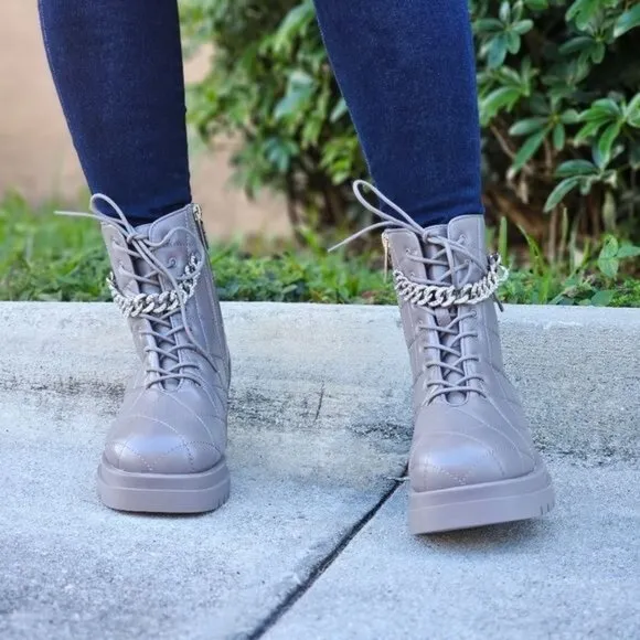 Womens Chunky Block Heel Ankle Combat Boots Taupe Color