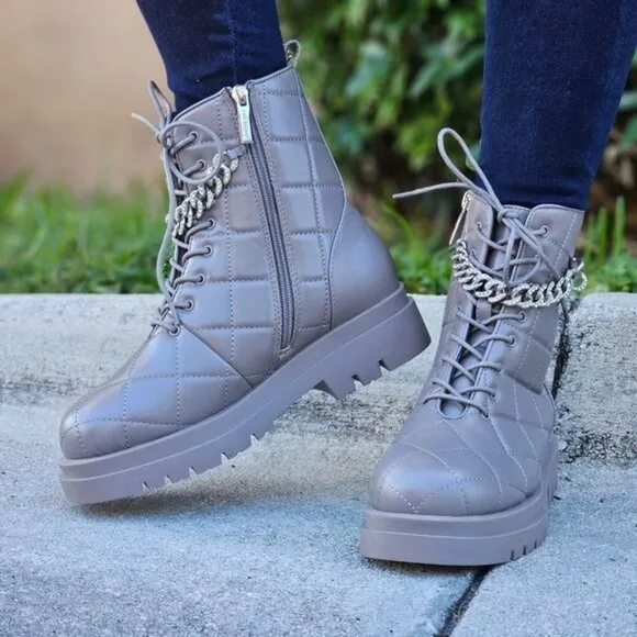 Womens Chunky Block Heel Ankle Combat Boots Taupe Color