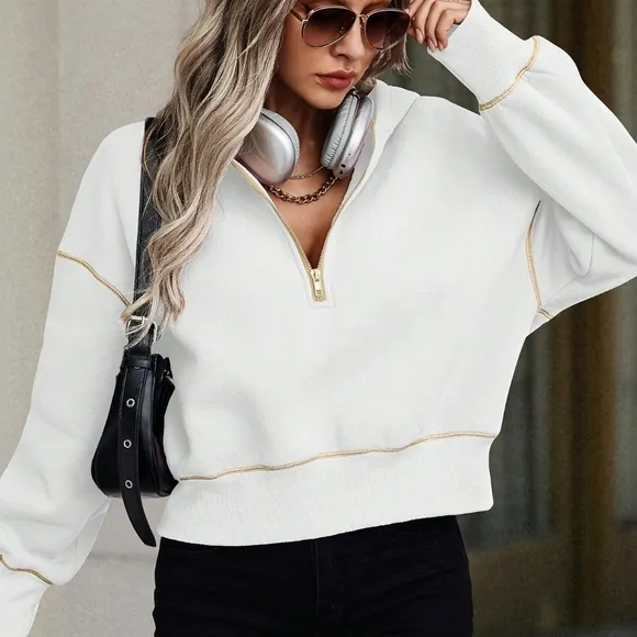 Women's Contrast Color Trim Long Sleeve Front Zipper Minimalist