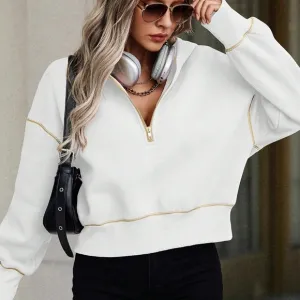 Women's Contrast Color Trim Long Sleeve Front Zipper Minimalist