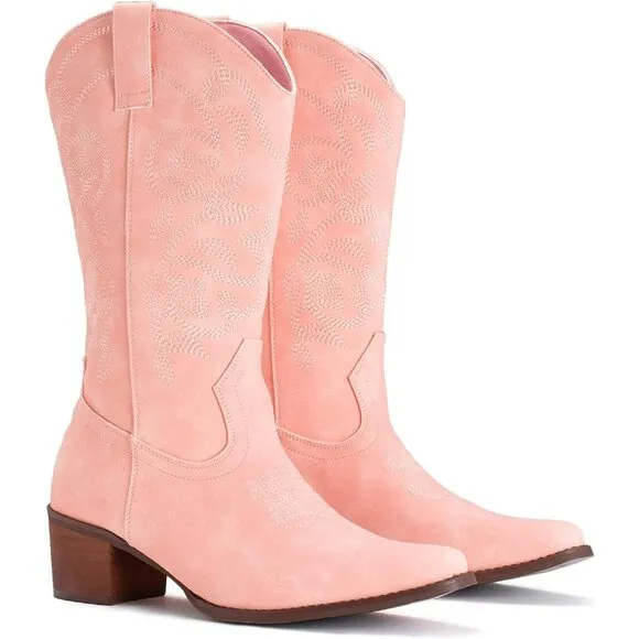 Women's Cowboy Boots Pointy Toe Western Boots Cowgirl Boots Mid Calf Boot Pink