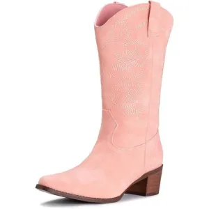 Women's Cowboy Boots Pointy Toe Western Boots Cowgirl Boots Mid Calf Boot Pink