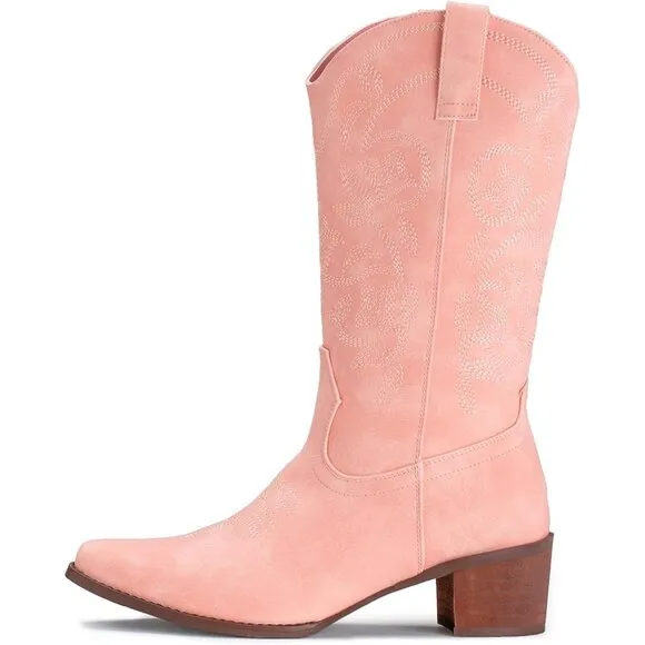 Women's Cowboy Boots Pointy Toe Western Boots Cowgirl Boots Mid Calf Boot Pink