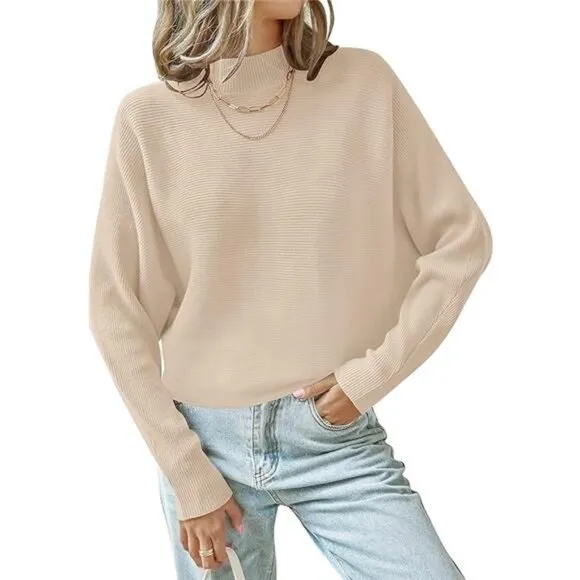 Women's Fall Turtleneck Batwing Long Sleeve Ribbed Knit Casual Soft