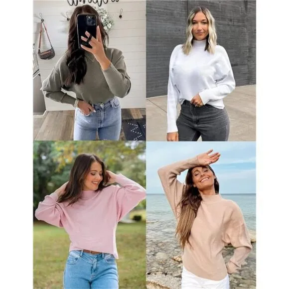 Women's Fall Turtleneck Batwing Long Sleeve Ribbed Knit Casual Soft