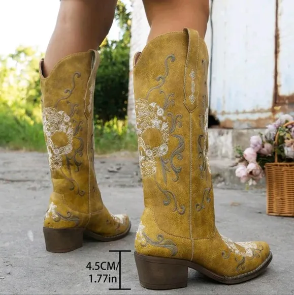 Women's Fashion Embroidered Wedge Slip-On Solid Color Stylish Boots