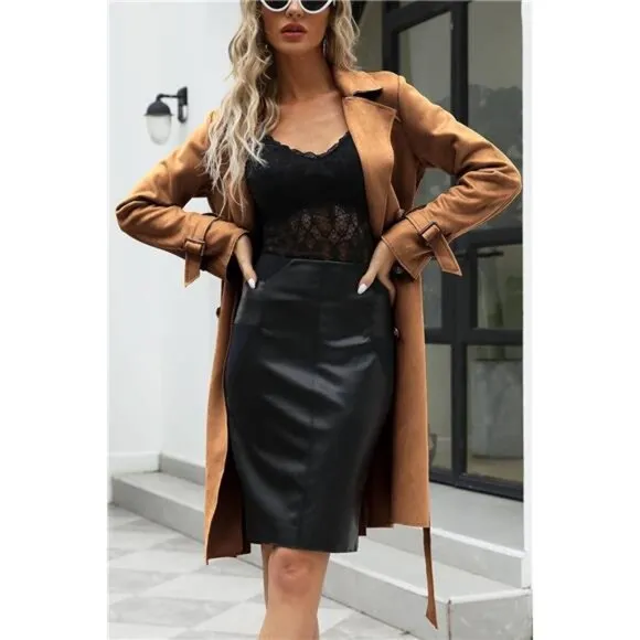 Womens Faux Suede Leather Jacket Lightweight Camel