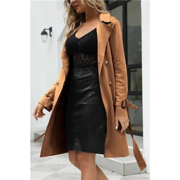 Womens Faux Suede Leather Jacket Lightweight Camel